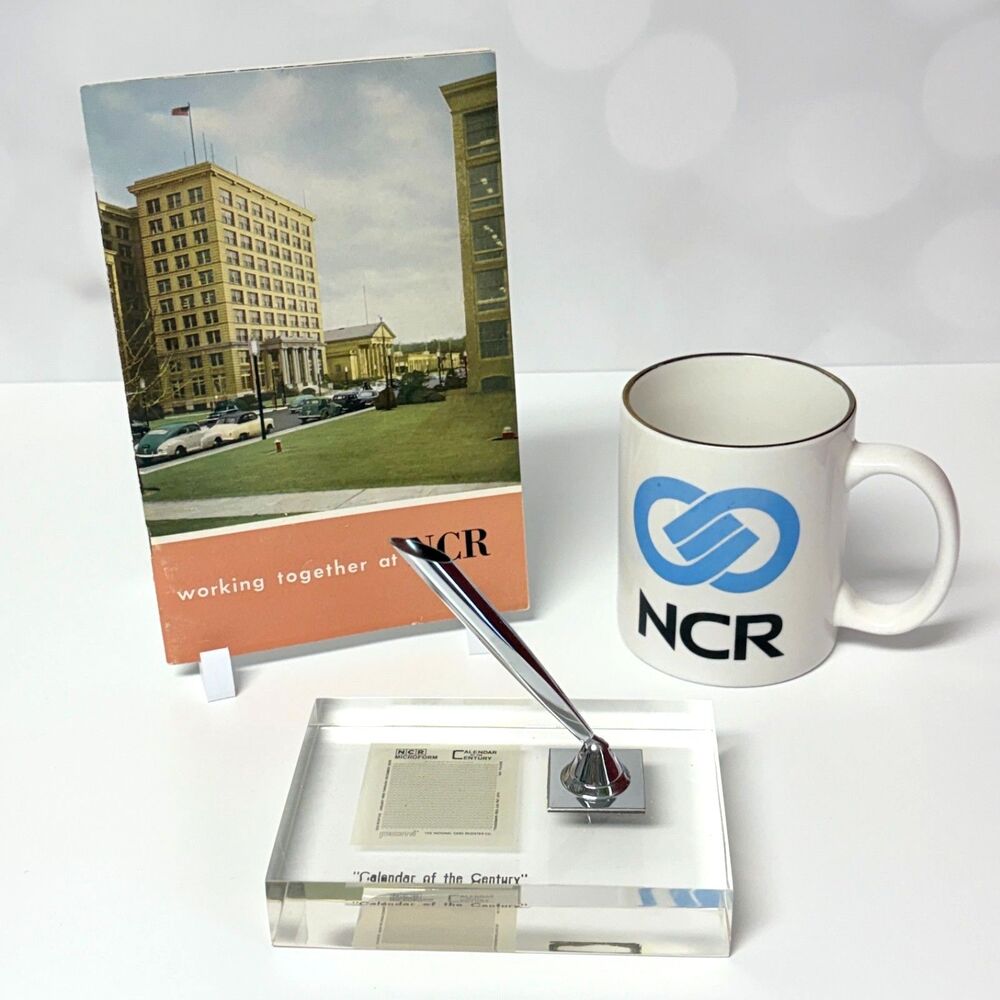 Vintage NCR Memorabilia Lot Employee Manual Microform Calendar Pen Holder Mug